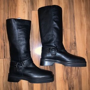 ASOS DESIGN Chilli premium leather harness knee boots in black